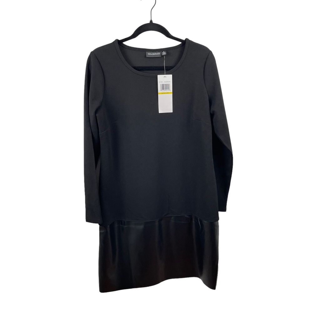 Nina Leonard Crepe Shift Dress Black Medium Polyester Blend Faux Leather